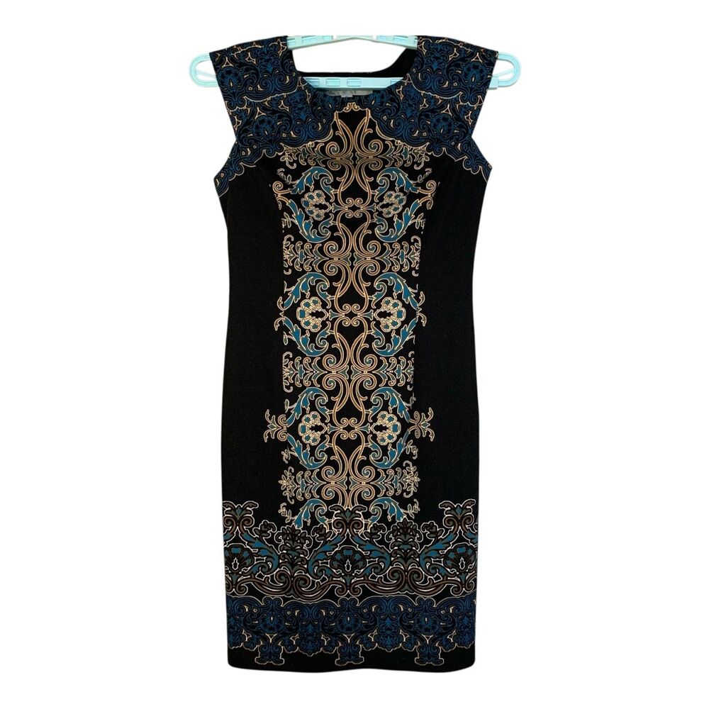 Maggy London Sleeveless Dress SZ 8 Black Gold Geometric Dressy Office Sheath